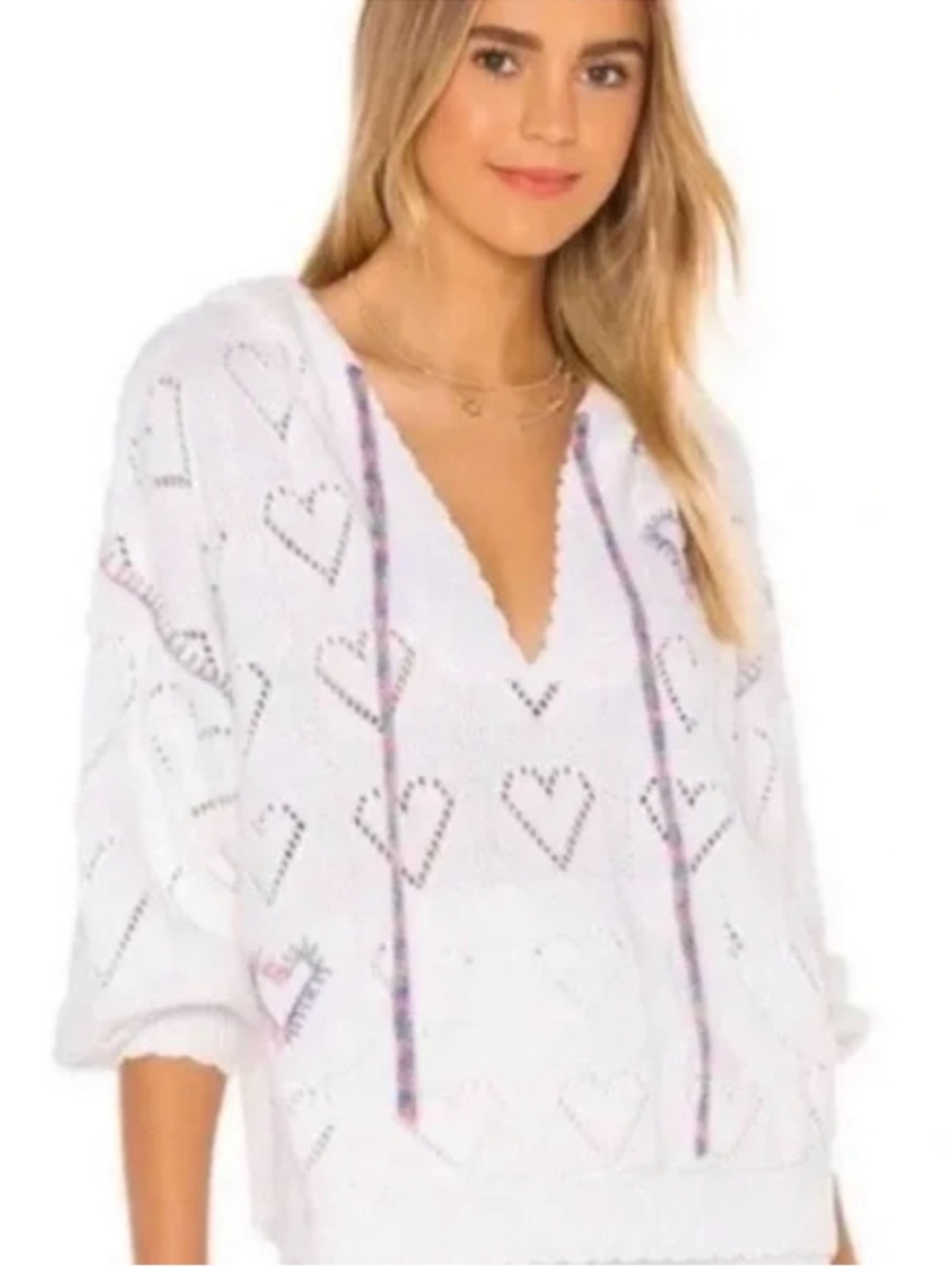 LoveShackFancy White Heart Pattern Knit V-Neck Hoodie with Contrast Ties